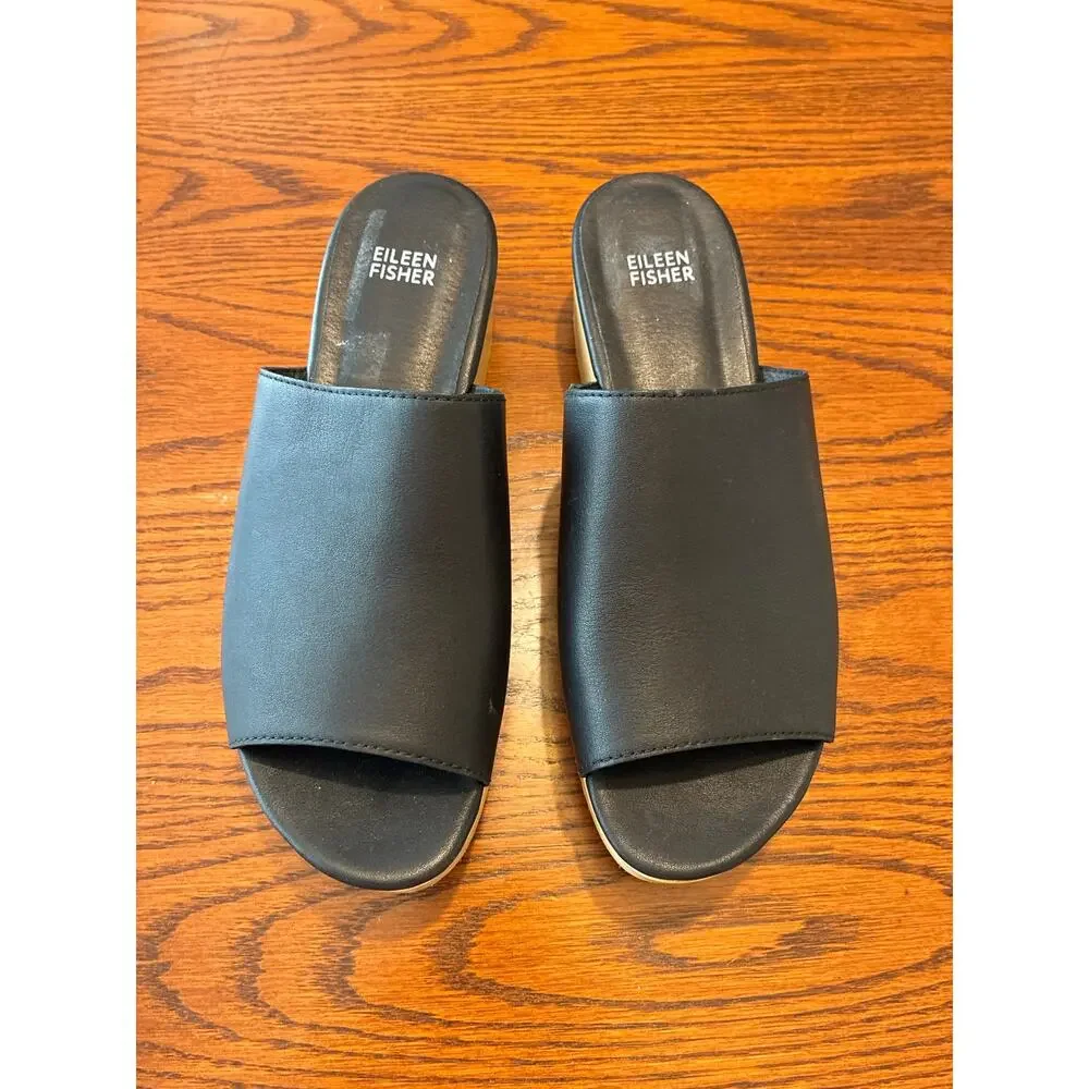 Eileen Fisher Novel Slides Black Leather Wedge Sandal Women's Size 8.5